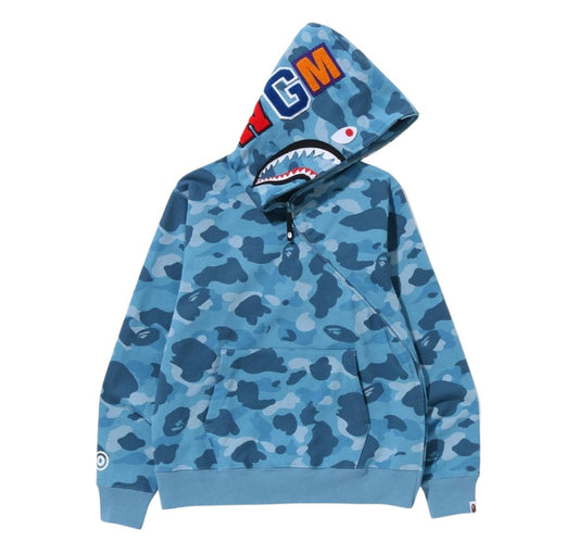 A BATHING APE MEN HONEYCOMB CAMO SHARK FULL ZIP HOODIE (BLUE)