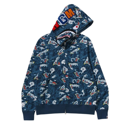 A BATHING APE MEN JAPANESE TATTOO CAMO SHARK FULL ZIP HOODIE (BLUE)