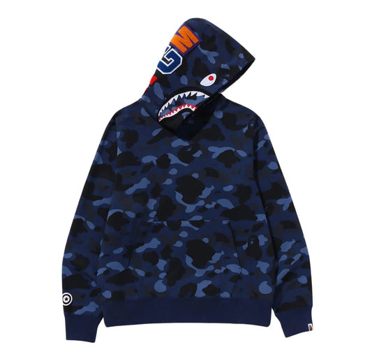 A BATHING APE MEN COLOR CAMO SHARK PULLOVER HOODIE (NAVY)